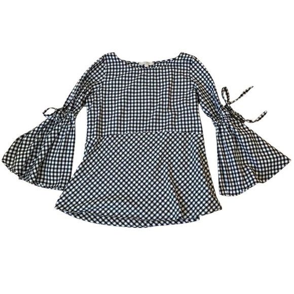 Ann Taylor LOFT Black White Gingham Check Blouse with Split Bell Sleeves Medium - Picture 4 of 10